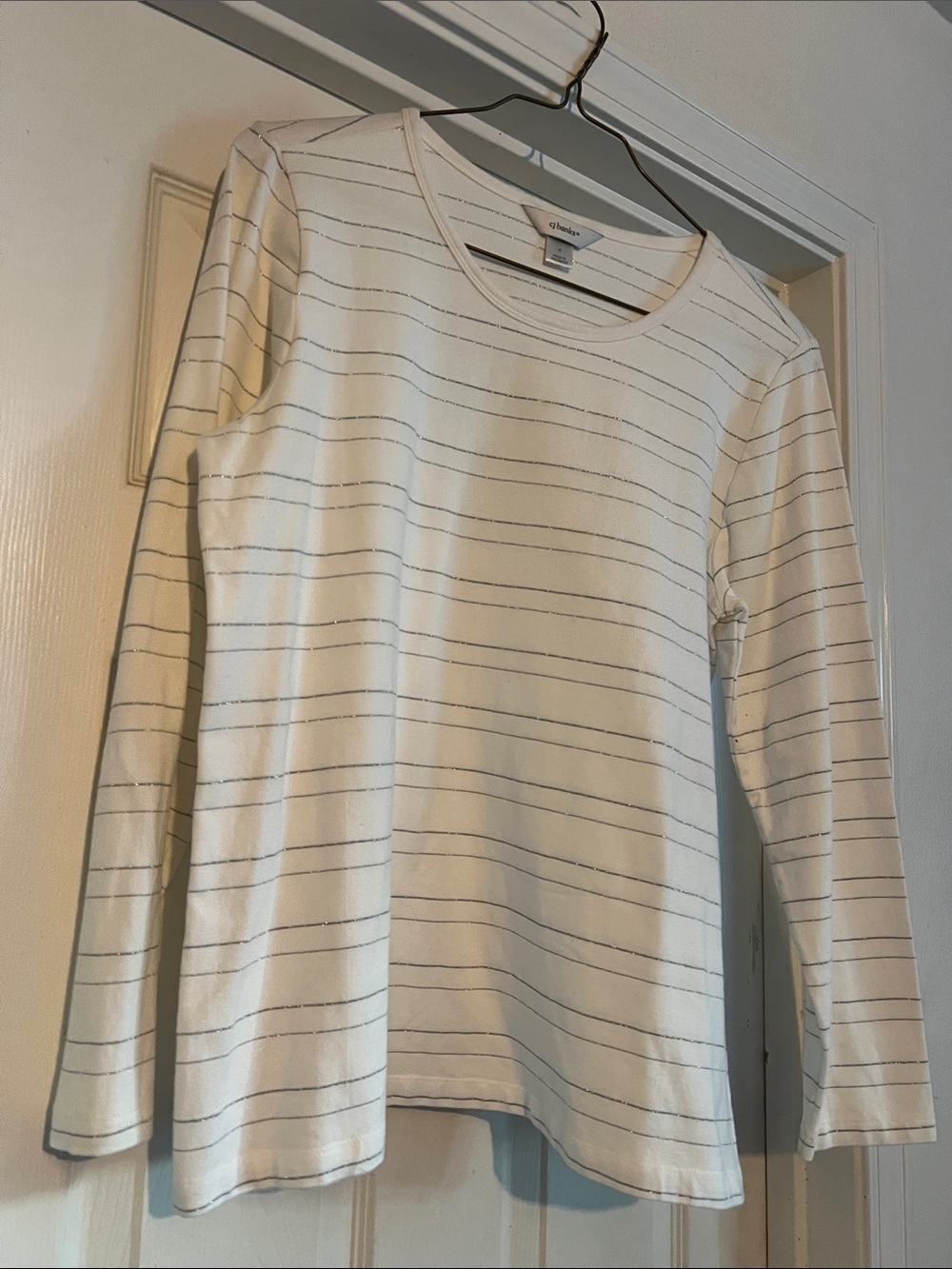 CJ Banks Cream Long Sleeve Crewneck with Thin Gray Stripes